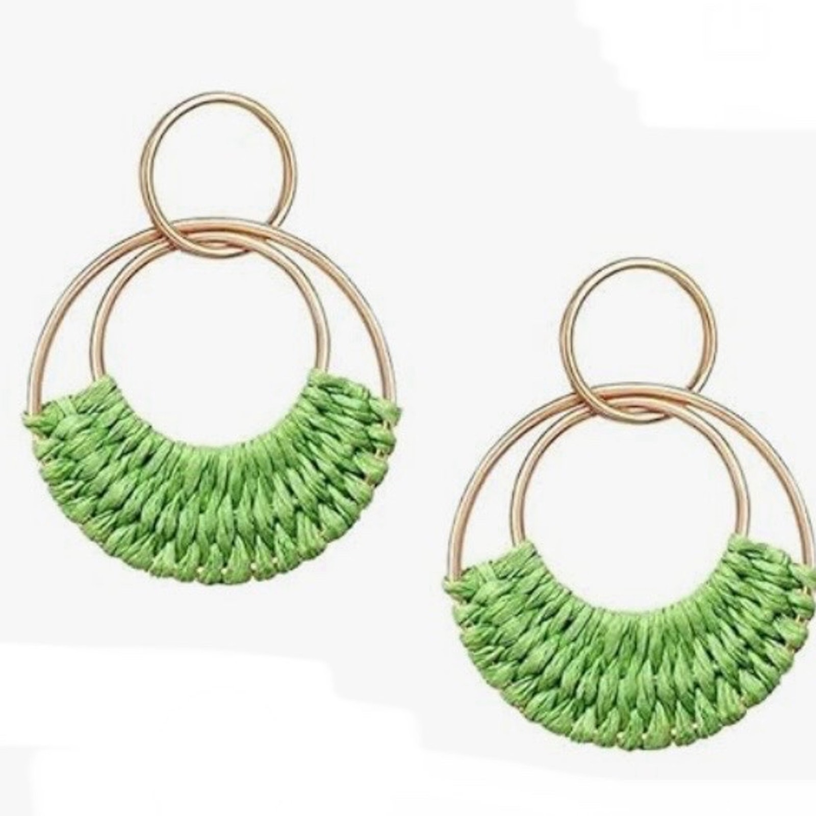 Green Raffia Wrapped Circle Drop Earrings
